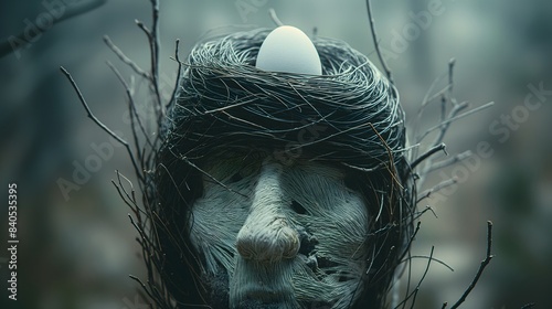 Surreal mask with bird's nest and egg