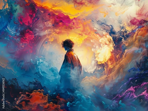 Abstract image of a person surrounded by vibrant, colorful clouds and mystical atmosphere, blending art with surrealism and emotion.