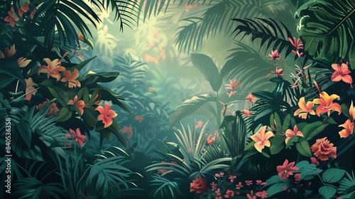 Colorful jungle with flowers in artistic painting style