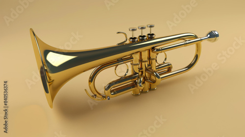 A shiny golden trumpet is placed against a plain beige background, showcasing its intricate design and polished surface.