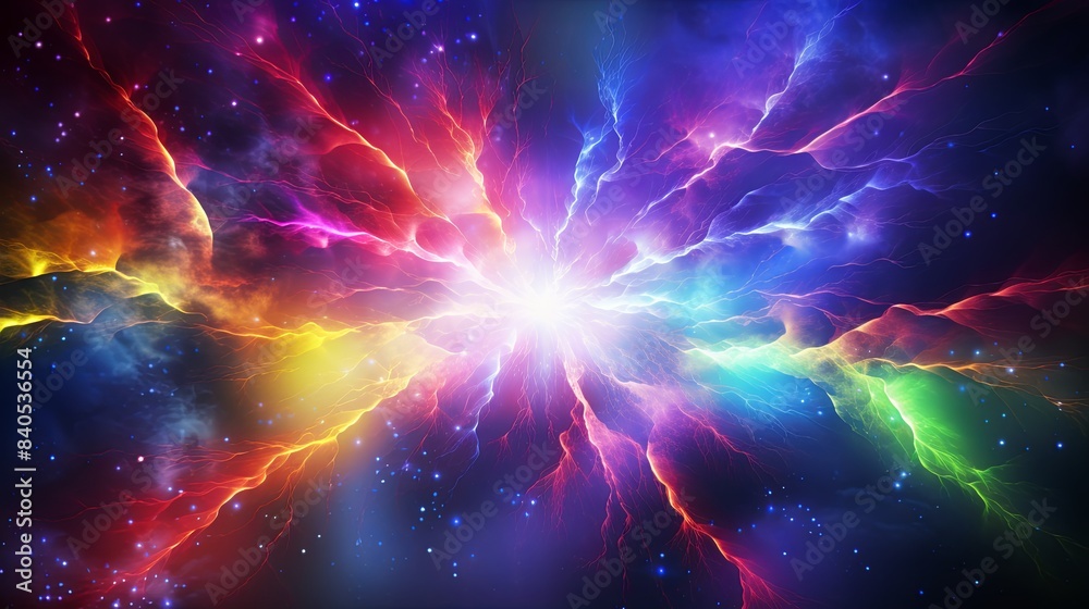 Energizing Rainbow Lightning Burst - Vibrant Electric Energy on Colorful Background with Copy Space, Center Focus Concept