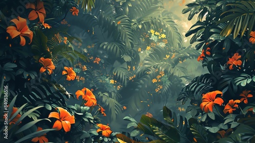 Artistic jungle scene with vibrant painted flowers