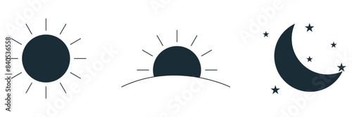 Day and night, dark and light modes. Screen modes icons set. Screen brightness and contrast level control icons. Day night switch. Vector Illustration