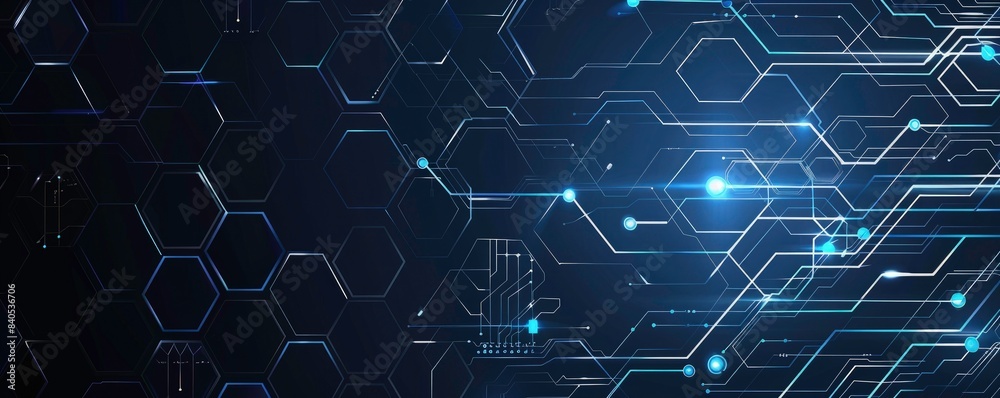Digital technology background with hexagons and circuits in the style of circuit boards, with a blue color theme, on a dark navy blue banner for website design or technology concept backgrounds. Digital technology background with hexagons and circuits in the style of circuit boards, with a blue color theme, on a dark navy blue banner for website design or technology concept backgrounds.