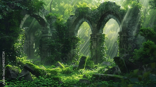 At a beautiful sunset in a fantasy forest landscape, there are stone ruins and bizarre vegetation. There is an ancient stone fantasy magic portal, which leads to an unreal world. A rich forest of