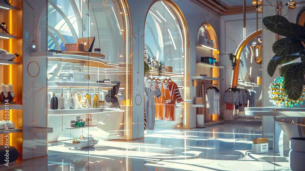 Futuristic E-Commerce: Holographic Displays in Art Deco Elegance Futuristic E-Commerce: Holographic Displays in Art Deco Elegance