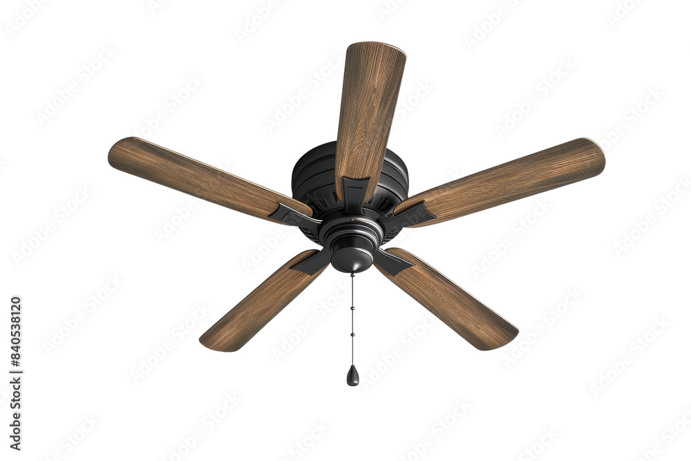 Ceiling fan with wooden blades and metal body, isolated on transparent background. Ideal for cooling and home decor. Ceiling fan with wooden blades and metal body, isolated on transparent background. Ideal for cooling and home decor.