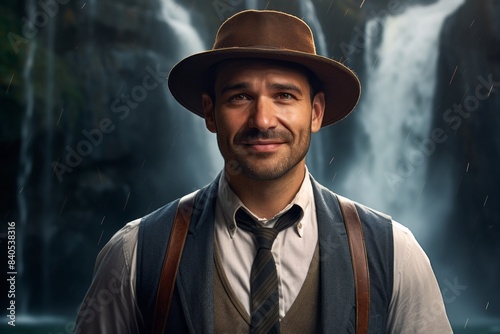 Portrait of a happy man in his 20s donning a classic fedora isolated on backdrop of a spectacular waterfall