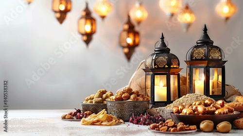 Islamic Lanterns glowing candles with dates and more sweets copy space for text blurred background