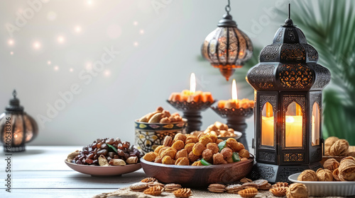 Lanterns glowing candles with dates and more sweets copy space for text ramadan and eid celebration background