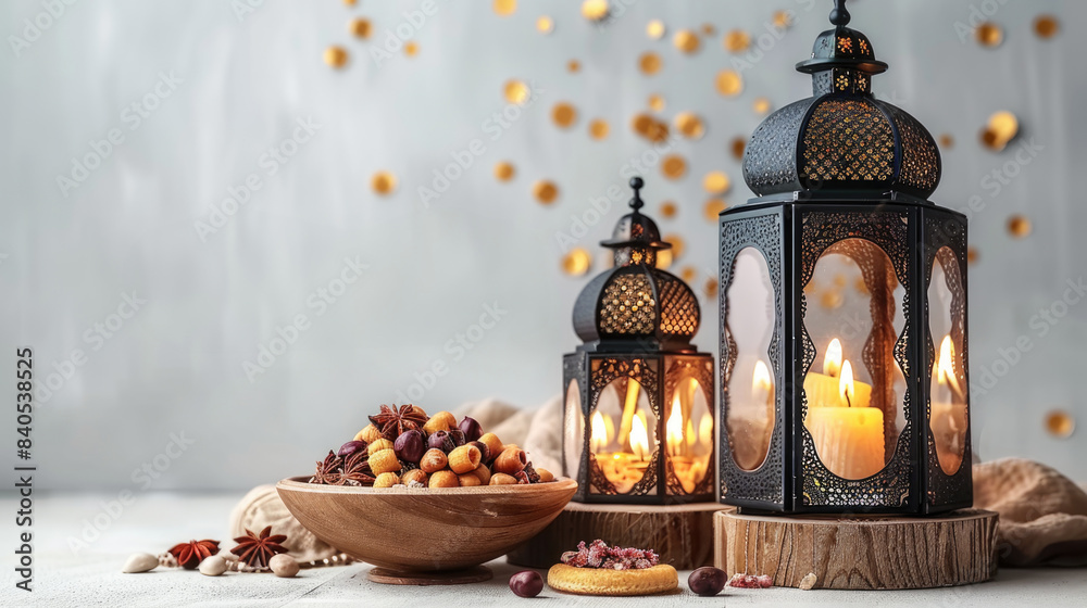Obraz premium Lanterns glowing candles with dates and more sweets in bowl copy space for text ramadan or eid celebrating background