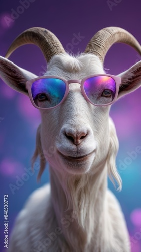 A majestic white goat with horns  sporting stylish sunglasses and wireless headphones  exuding an aura of confidence and coolness.