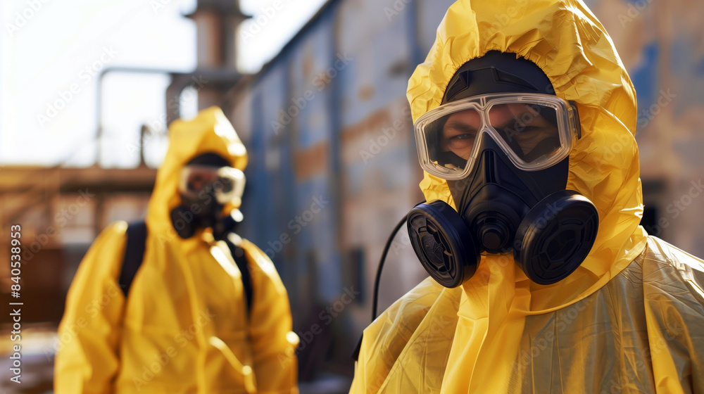Workers in Yellow Hazmat Suits with Respirators in Industrial Area Workers in Yellow Hazmat Suits with Respirators in Industrial Area