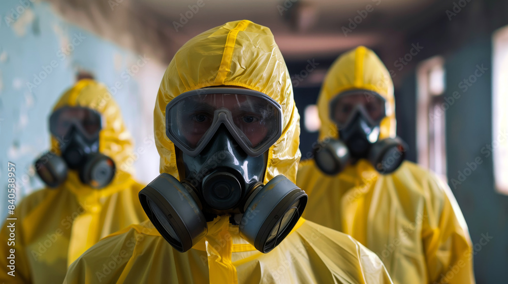 Team of Workers in Yellow Hazmat Suits with Gas Masks Team of Workers in Yellow Hazmat Suits with Gas Masks