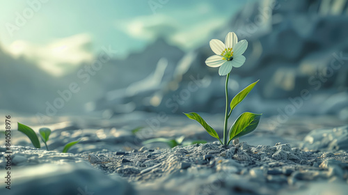 Craft a detailed side angle of a blooming flower breaking through the ground, showcasing resilience and new beginnings, suitable for an inspirational poster or eco-friendly brand