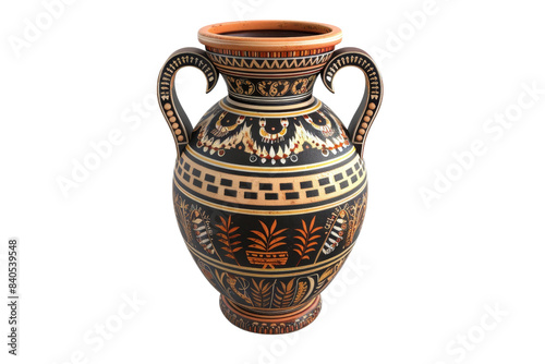 Beautiful ancient Greek vase with intricate patterns and two handles, perfect for historical and cultural design projects.