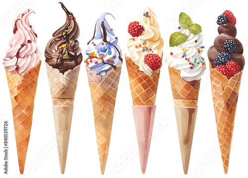 Dark chocolate, colored sprinkles and berries on ice cream cones on a white background 