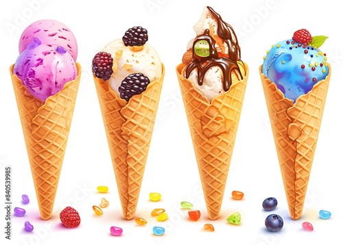 Dark chocolate, colored sprinkles and berries on ice cream cones on a white background 