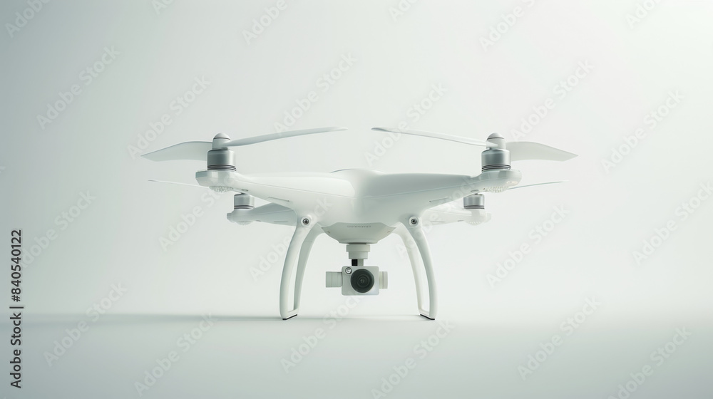 A white drone equipped with a camera, displayed in a studio setting with clean, soft lighting emphasizing its modern design. A white drone equipped with a camera, displayed in a studio setting with clean, soft lighting emphasizing its modern design.