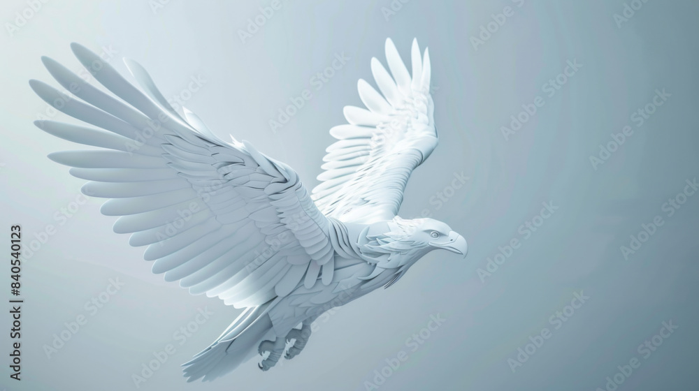 A stunning white sculpture of an eagle in flight, with detailed wings spread, captured against a soft blue background. A stunning white sculpture of an eagle in flight, with detailed wings spread, captured against a soft blue background.