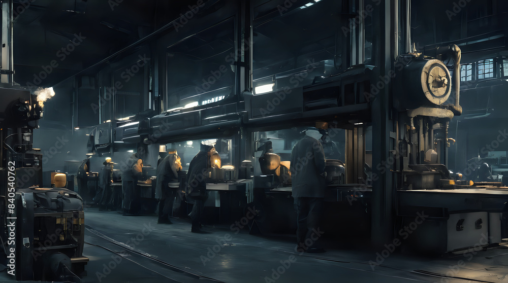 Fototapeta premium a many people working in a factory with a clock