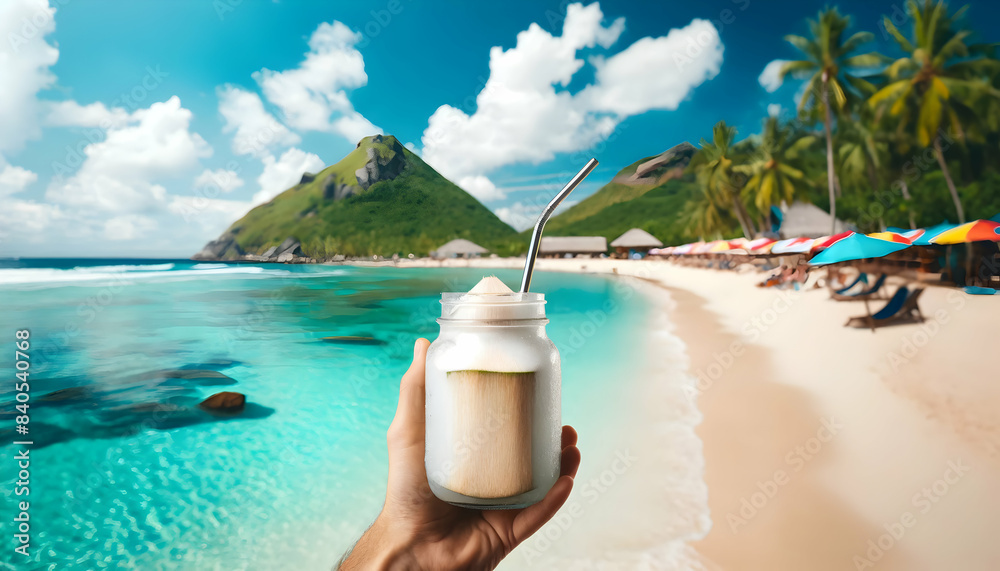 A hand holding a mason jar filled with a coconut water tropical drink on beach background. A hand holding a mason jar filled with a coconut water tropical drink on beach background.