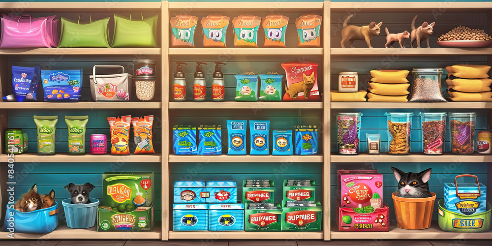 Pet Supply Super Sale: Pet store shelves stocked with pet food, toys, and grooming supplies, featuring Super Savings Event signage. Pet Supply Super Sale: Pet store shelves stocked with pet food, toys, and grooming supplies, featuring Super Savings Event signage.