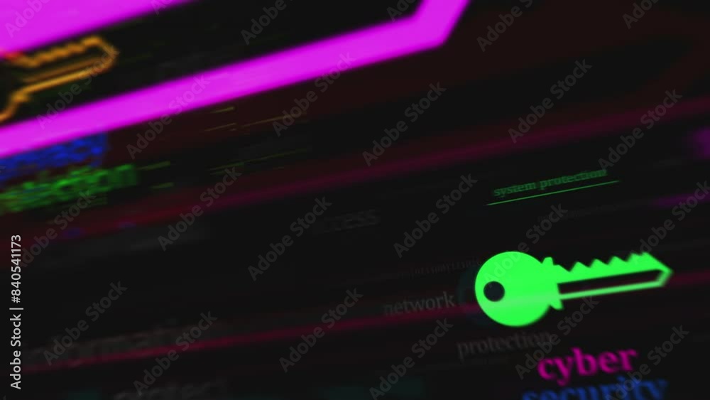 Cyber security access protection with key symbol technology loop concept. Abstract sign on glitch screens seamless and looped. Cyber security access protection with key symbol technology loop concept. Abstract sign on glitch screens seamless and looped.