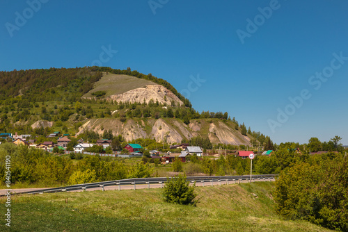 Shiryaevo village and marina on Volga river in Samarskaya Luka nature reserve, Samara region, Russia photo