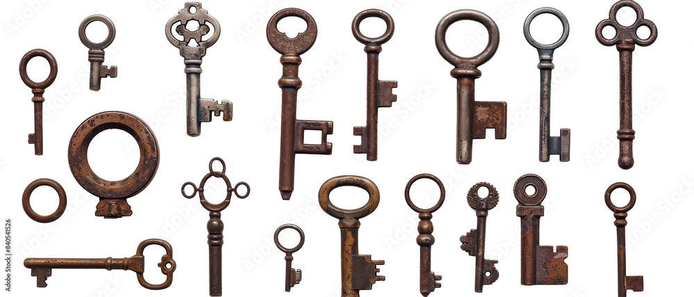 Set / collection of antique keys, locks and keyholes isolated on white background, home decoration elements, top view / flat lay. Set / collection of antique keys, locks and keyholes isolated on white background, home decoration elements, top view / flat lay.