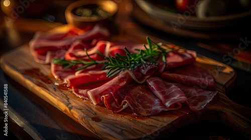 Delicious sliced cured meat on wooden board  garnished with fresh rosemary sprig  perfect for gourmet appetizers or charcuterie boards.