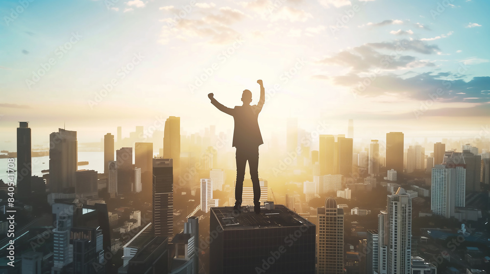 Silhouette of businessman standing on roof with raised fist in the air as a victory success Silhouette of businessman standing on roof with raised fist in the air as a victory success