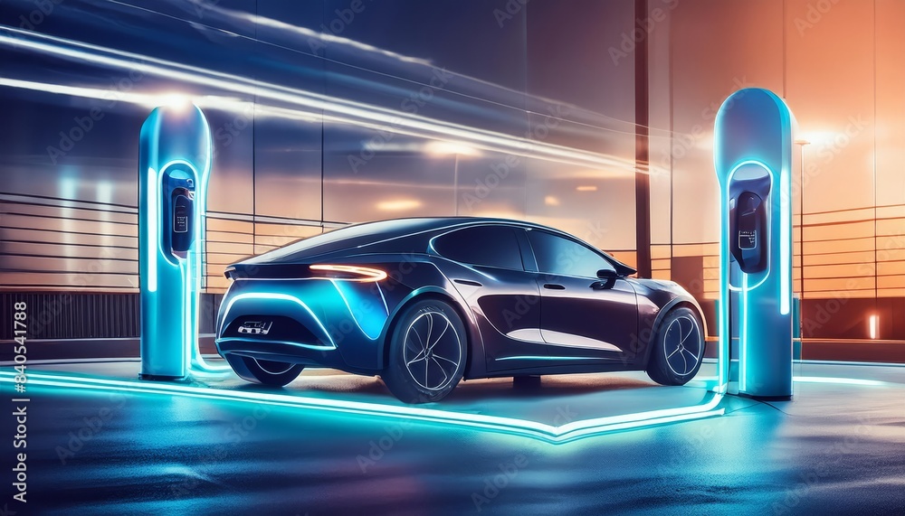Obraz premium A futuristic electric car charging at a neon-lit station at night. The sleek design of the car is accentuated by the vibrant blue and orange lights.