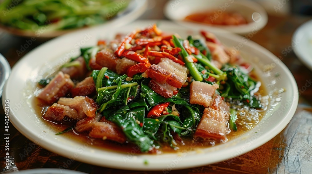 Plate of with crispy pork belly and fresh stir-fried morning glory, beautifully presented Plate of with crispy pork belly and fresh stir-fried morning glory, beautifully presented