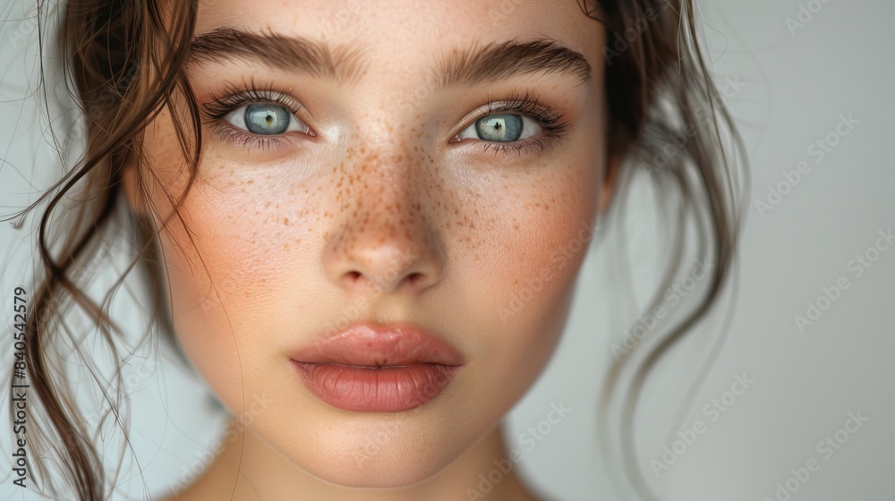 An image of a woman in a studio setting with clean skin, captivating eyes, and fresh makeup An image of a woman in a studio setting with clean skin, captivating eyes, and fresh makeup
