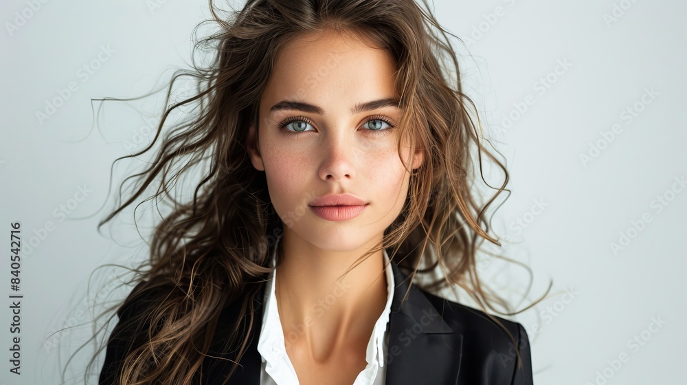 The portrait of a young and beautiful businesswoman is isolated against a white background The portrait of a young and beautiful businesswoman is isolated against a white background