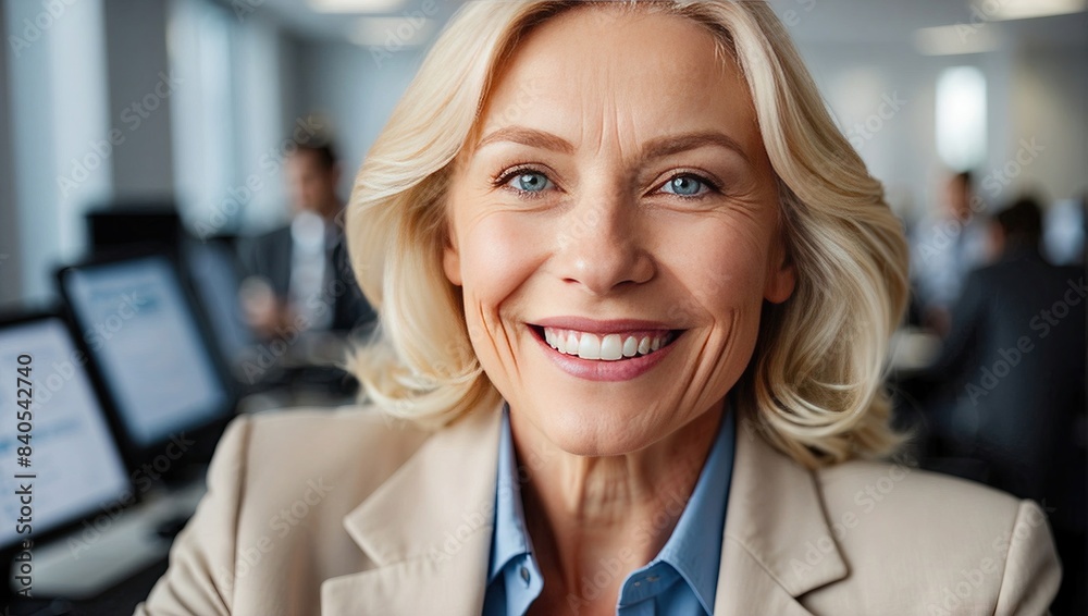 Blonde professional woman with blue eyes, smiling warmly in a modern ...