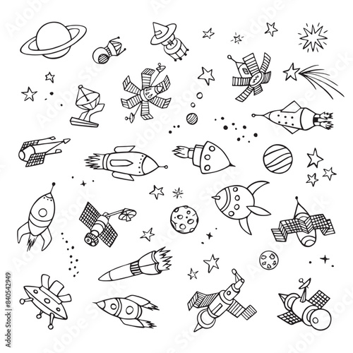 Hand drawn space objects set. Doodle icons. Black and white outline vector illustration.