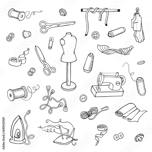 Hand drawn tailor tools. Doodle icons set. Black and white outline vector illustration.