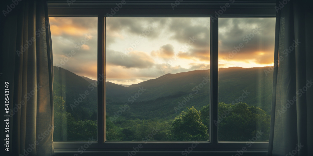 Sunrise Over Mountains Through Home Window. Dawn In Hills, Seen From Cozy Interior. Mountain Landscape At Sunrise. Generative AI Sunrise Over Mountains Through Home Window. Dawn In Hills, Seen From Cozy Interior. Mountain Landscape At Sunrise. Generative AI