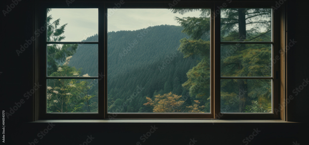 Naklejka premium Mountain View Through Large Window In Modern Minimalistic Room. Green Forest Seen From Inside Quiet Place. Generative AI