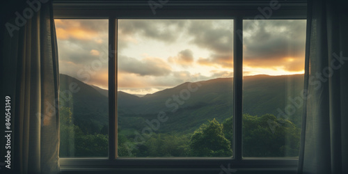 Sunrise Over Mountains Through Home Window. Dawn In Hills  Seen From Cozy Interior. Mountain Landscape At Sunrise. Generative AI