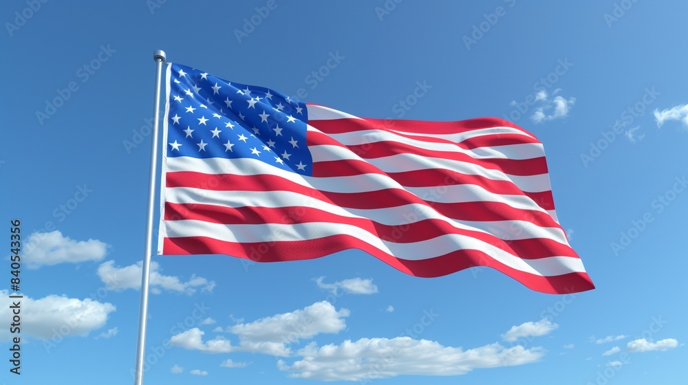 Naklejka premium USA flag 3d model of a waving . Blue sky background.