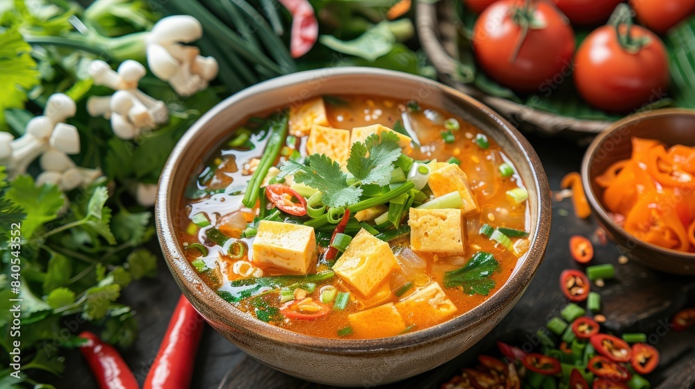 Thai soup, sweet and sour, with flat square acacia omelet pieces, garnished with fresh vegetables and herbs