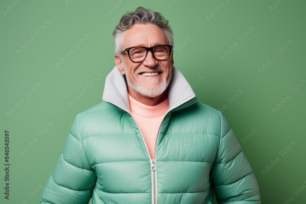 Fototapeta premium Portrait of a happy man in his 60s sporting a quilted insulated jacket on pastel green background