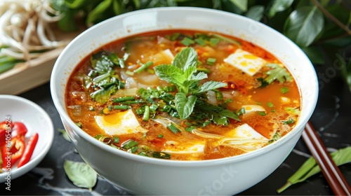 Thai soup, sweet and sour, with flat square acacia omelet pieces, garnished with fresh vegetables and herbs