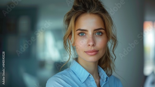 Free Download In the office, a businesswoman wearing blue shirts stands - GFXLoad
