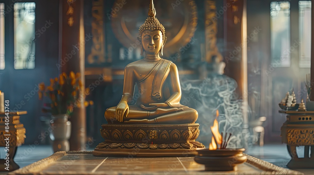 Thai Buddha statue in golden robe on a beautiful base, young novice bowing, incense burner in front, symbolizing wisdom and enlightenment, Thai Buddha statue in golden robe on a beautiful base, young novice bowing, incense burner in front, symbolizing wisdom and enlightenment,