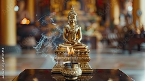 Thai Buddha statue in golden robe on a beautiful base, young novice bowing, incense burner in front, symbolizing wisdom and enlightenment,