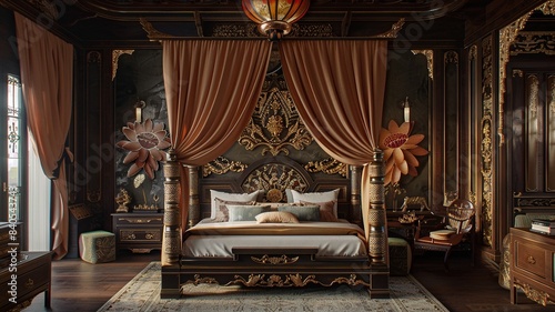 This image presents a refined traditional Asian bedroom, featuring an exquisite rosewood four-poster bed, capturing the essence of timeless elegance and cultural heritage.